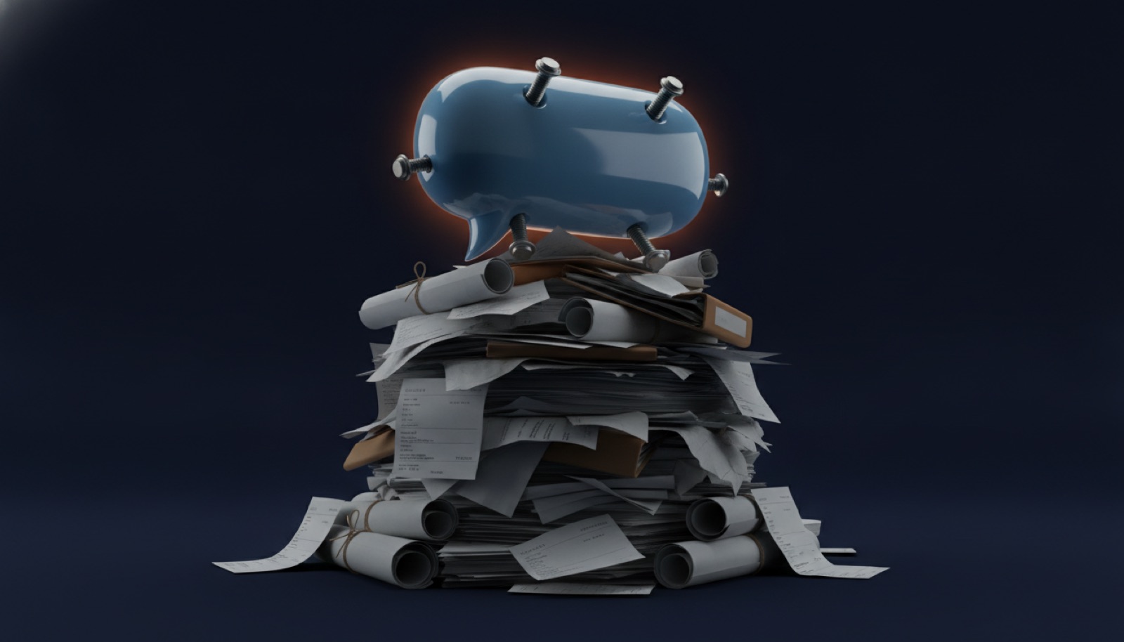 A glossy chat bubble bolted onto a pile of messy plans and paperwork