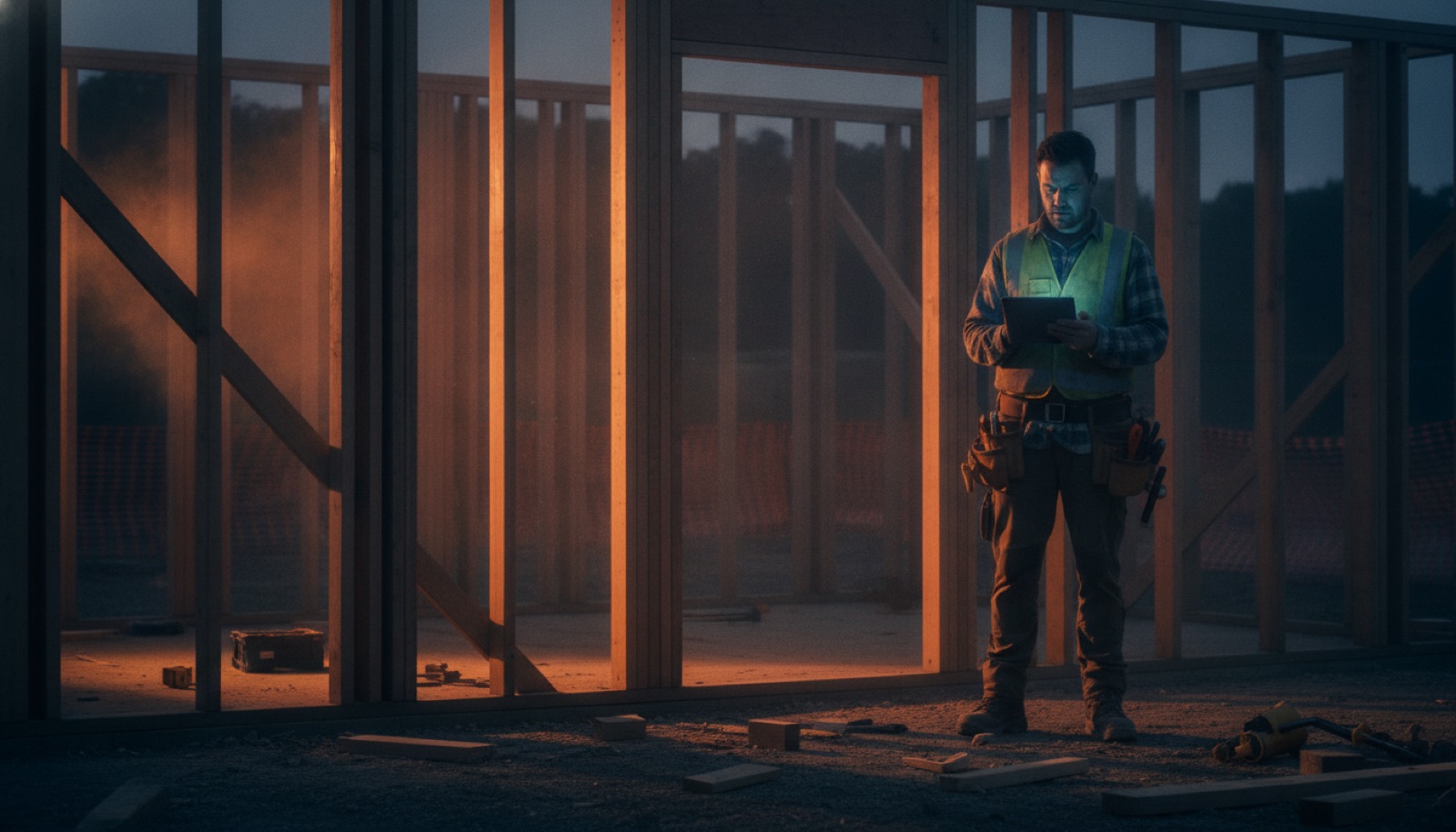 Builder on a framed site at dusk looking at a tablet, unconvinced