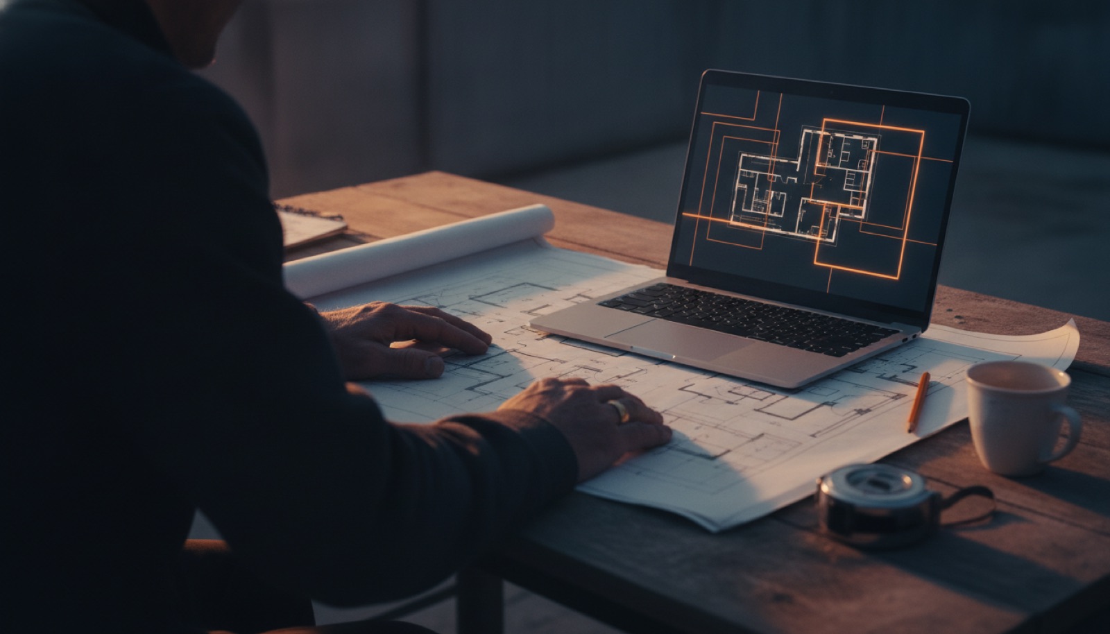 Builder reviewing an AI takeoff on a laptop beside paper plans