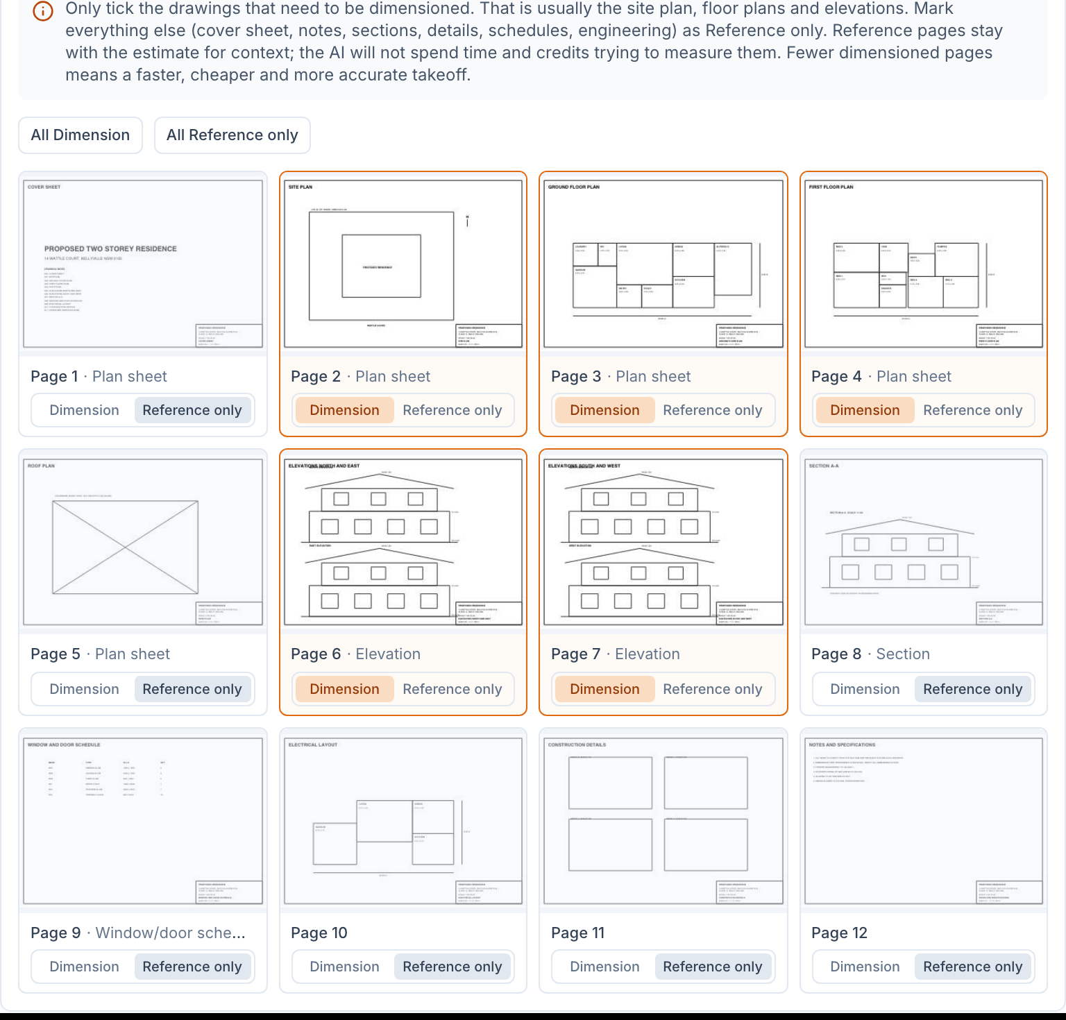 The page picker: twelve sheets as tiles, with the site plan, two floor plans and two elevation sheets marked Dimension and the rest marked Reference only