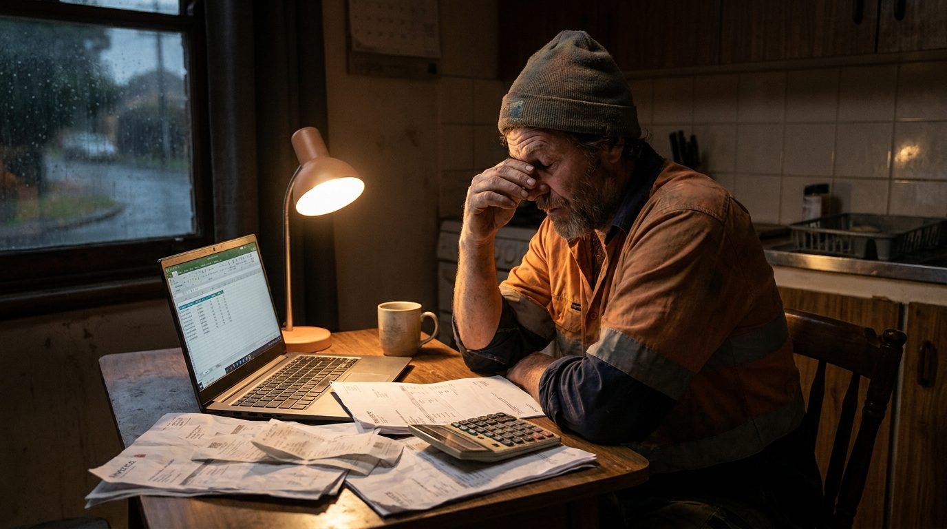 A tradesperson doing paperwork late at night at a kitchen table, laptop open, invoices spread out