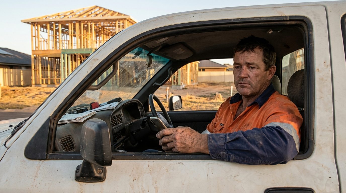An Australian builder sitting in his ute at the end of the day, checking his phone, a half-framed house on the block behind him