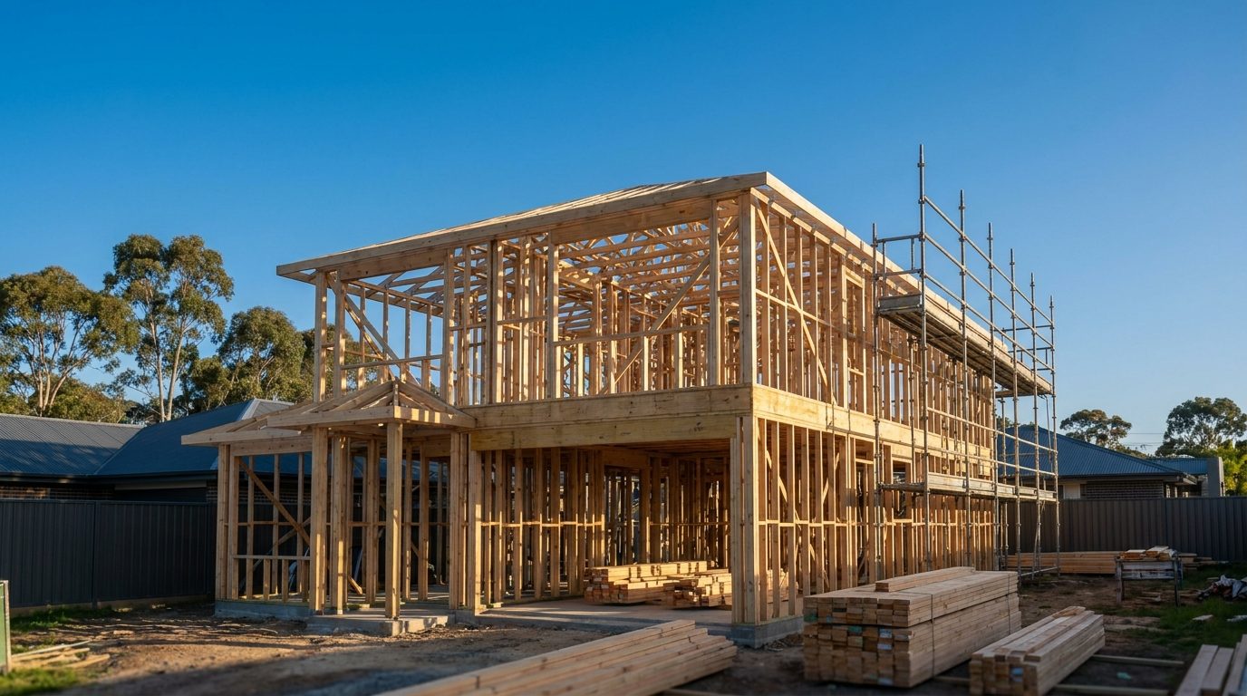 A house at timber frame stage on an Australian suburban block in morning light